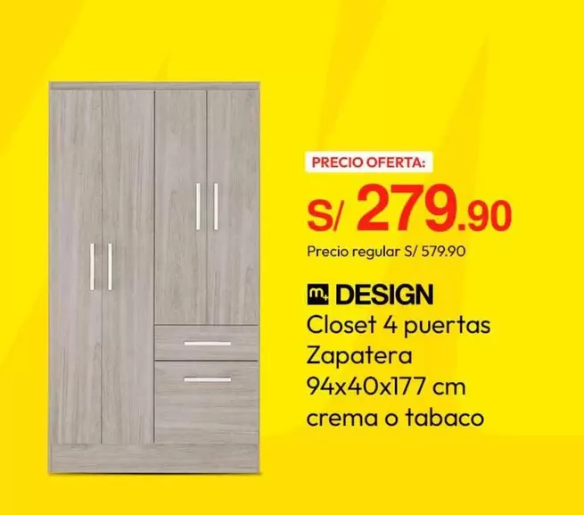 Closet 4 puertas Zapatera 94x40x177 cm crema o tabaco