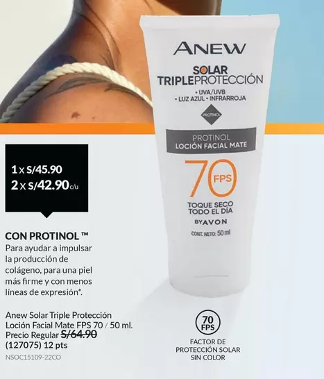 Anew - Solar Triple Protección Loción Facial Mate FPS 70