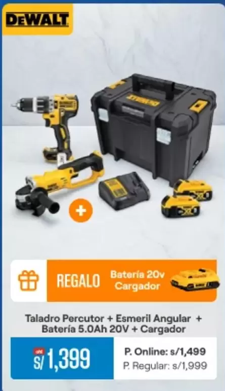 DeWalt - Taladro Percutor + Esmeril Angular + Batería 5.0Ah 20V + Cargador