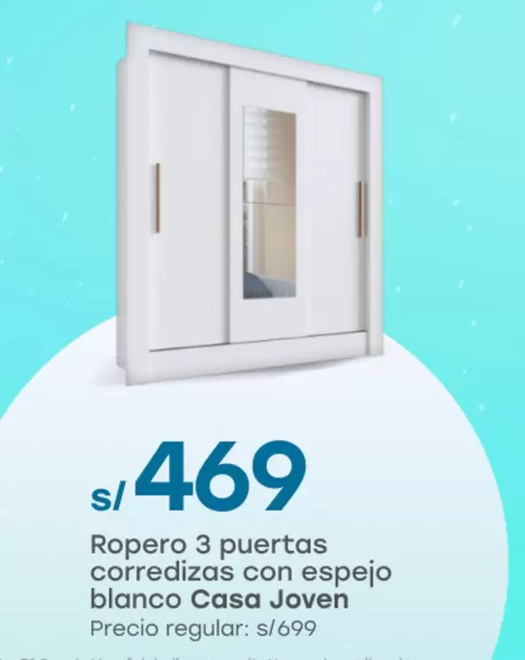 Casa Joven - Ropero 3 puertas corredizas con espejo blanco