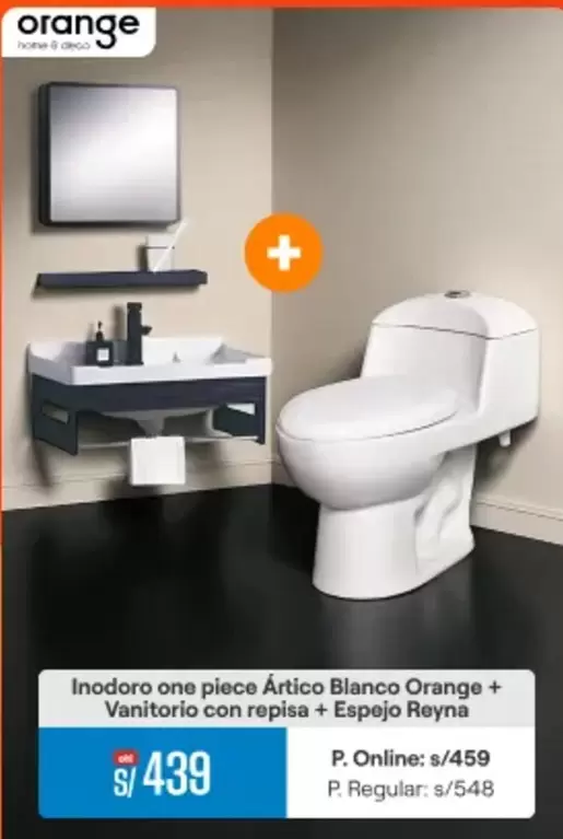 Orange - Inodoro one piece Artico Blanco + Vanitorio con repisa + Espejo Reyna