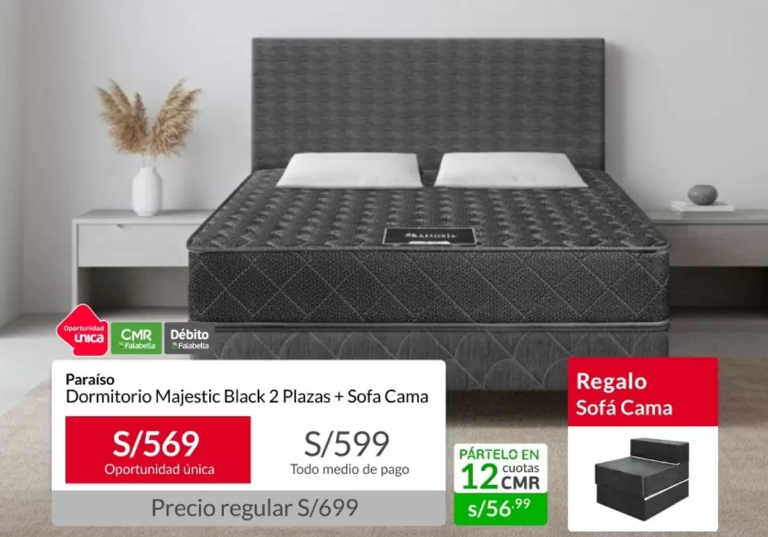 Paraiso - Dormitorio Majestic Black 2 Plazas + Sofa Cama