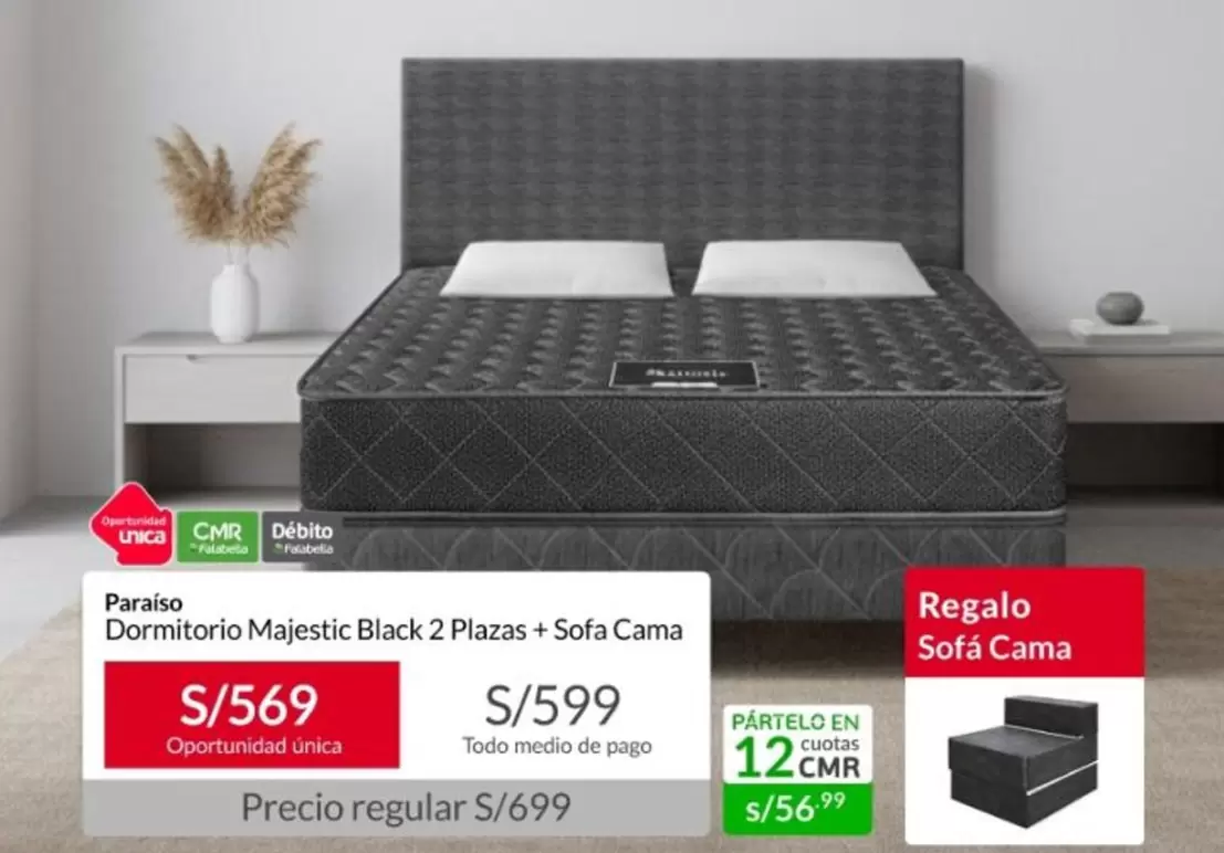 Paraiso - Dormitorio Majestic Black 2 Plazas + Sofa Cama