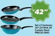 Set x3 Sartenes 20+24 Wok 28 Carbón Steel