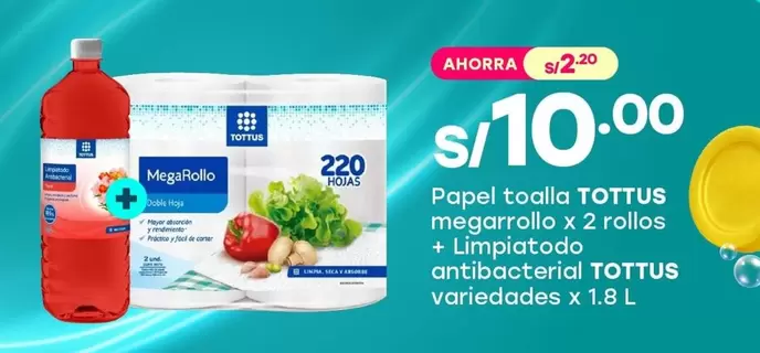 Tottus - Papel toalla megarrollo x 2 rollos + Limpiatodo antibacterial
