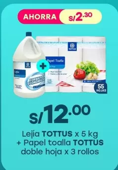 Tottus - Lejía x 5 kg + Papel toalla doble hoja x 3 rollos