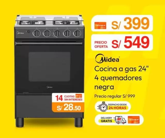 Cocina a gas 24" 4 quemadores negra