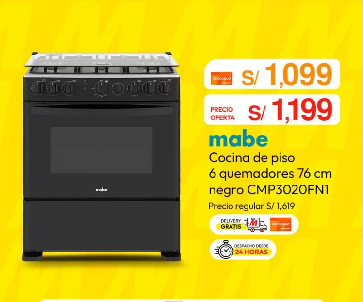Mabe - Cocina de piso 6 quemadores 76 cm negro CMP3020FN1