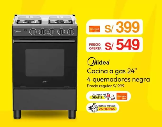 Cocina a gas 24" 4 quemadores negra
