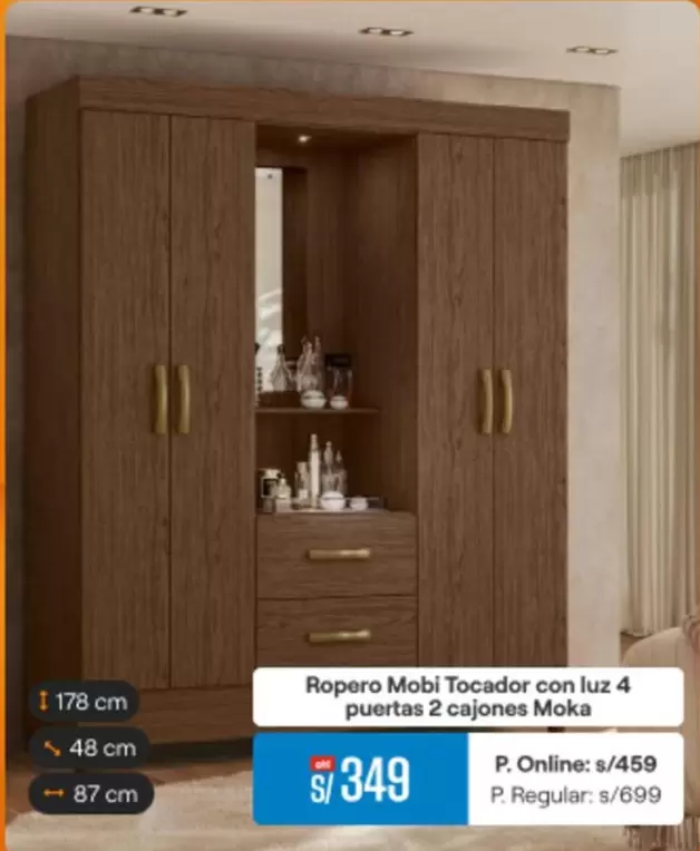 Ropero Mobi Tocador con luz 4 puertas 2 cajones Moka