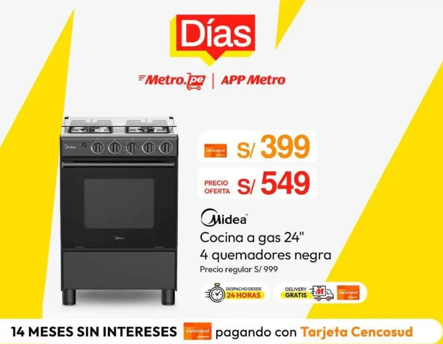 Metro - Cocina a gas 24" 4 quemadores negra