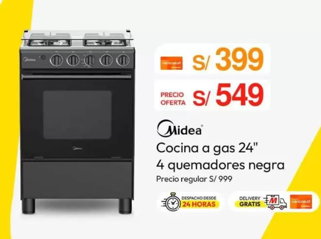 Cocina a gas 24" 4 quemadores negra
