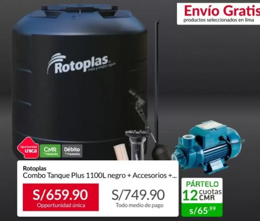 Rotoplas - Combo Tanque Plus 1100L negro + Accesorios