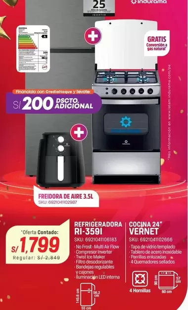 Indurama - REFRIGERADORA RI-3591, COCINA 24" VERNET, FREIDORA DE AIRE 3.5L