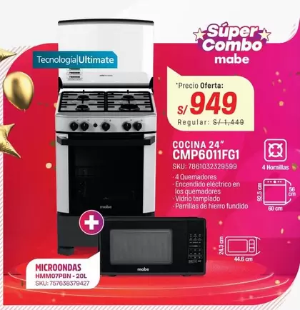 Mabe - COCINA 24 CMP6011FG1, MICROONDAS HMMO7PBN-20L