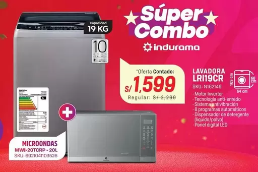 Indurama - LAVADORA LRI19CR, MICROONDAS MWI-20TCRP-20L