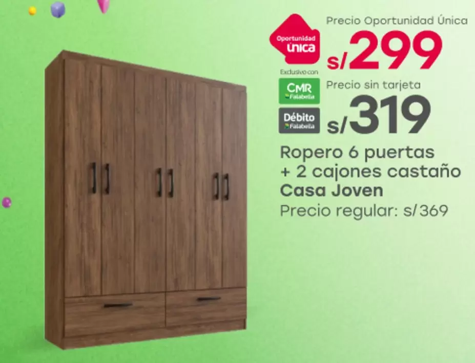 Casa Joven - Ropero 6 puertas + 2 cajones castaño