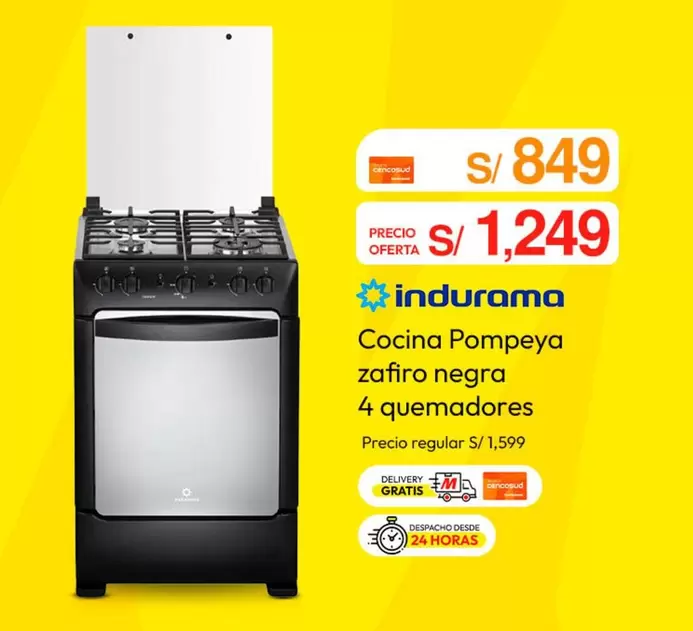 Indurama - Cocina Pompeya zafiro negra 4 quemadores