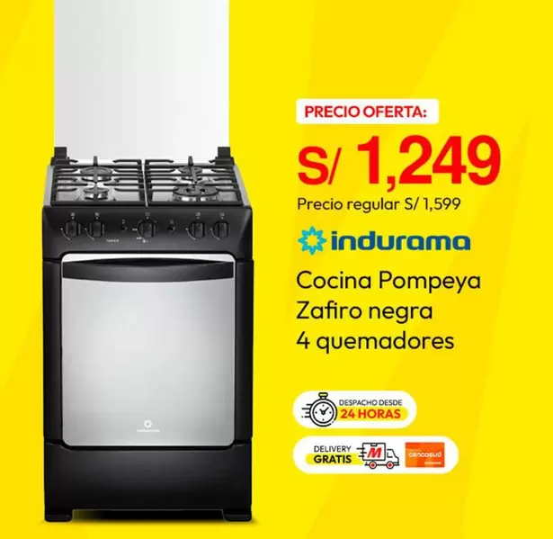 Indurama - Cocina Pompeya Zafiro negra 4 quemadores