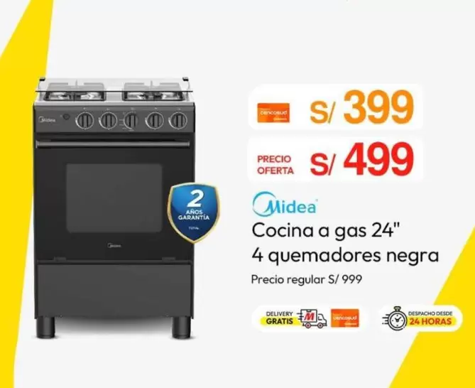 Cocina a gas 24" 4 quemadores negra