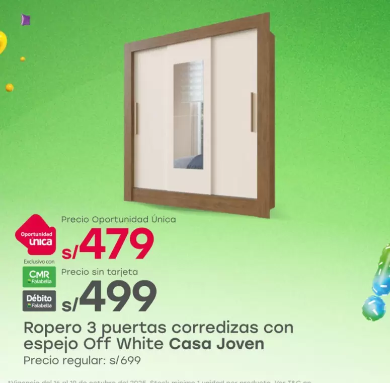 Casa Joven - Ropero 3 puertas corredizas con espejo Off White