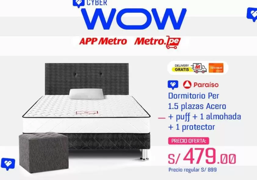 Paraiso - Dormitorio Per 1.5 plazas Acero + puff + 1 almohada + 1 protector