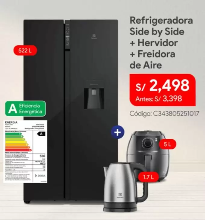 Refrigeradora Side by Side + Hervidor + Freidora de Aire