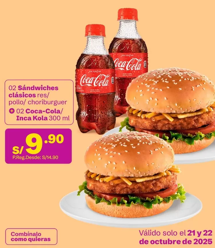 Coca-Cola - Sandwiches clásicos res/ pollo/choriburguer + / Inca Kola 300 ml