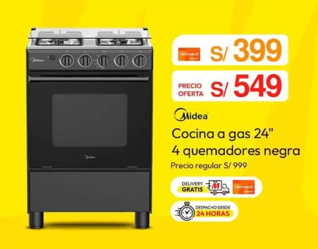 Cocina a gas 24" 4 quemadores negra