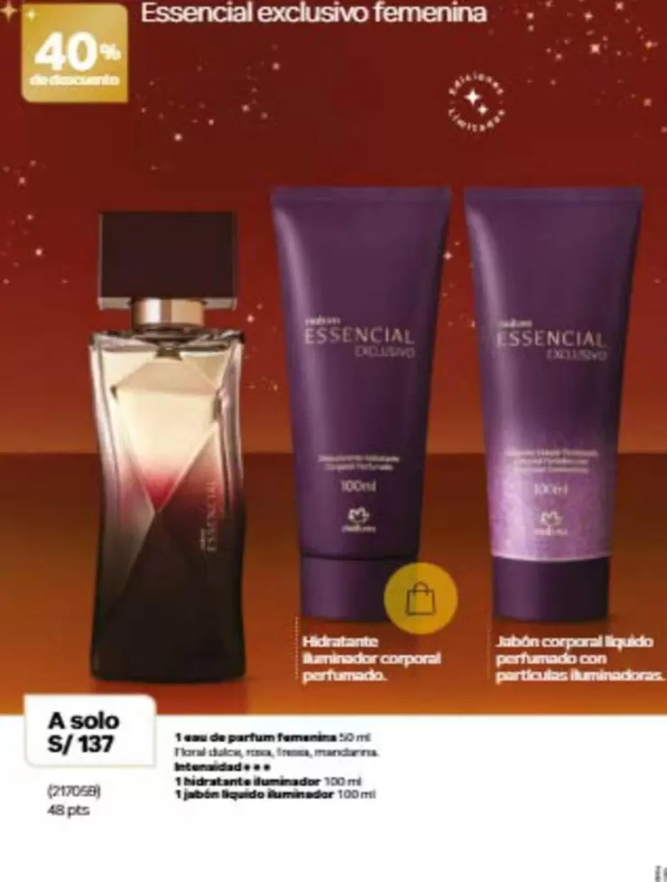 Natura - 1 eau de parfum Femenina 50 ml + 1 hidratante iluminador 100 ml + 1 jabón líquido iluminador 100 ml