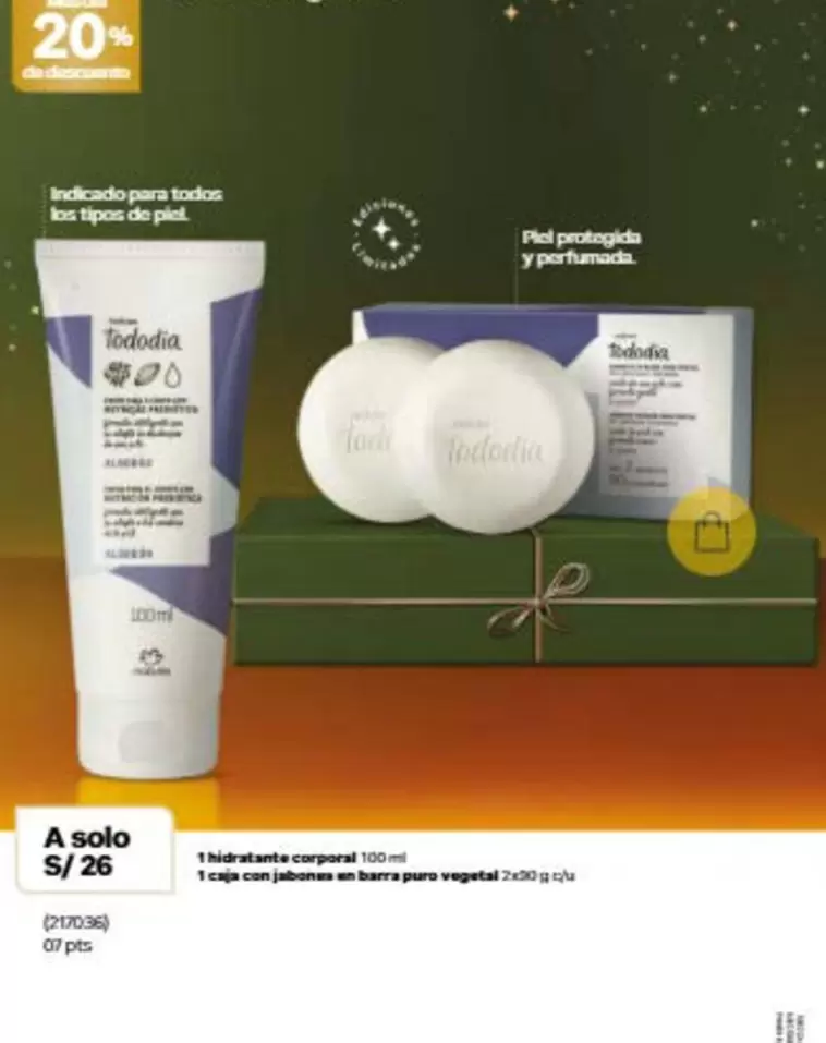 Piel - 1 hidratante corporal 100 ml
1 caja con jabones en barra puro vegetal