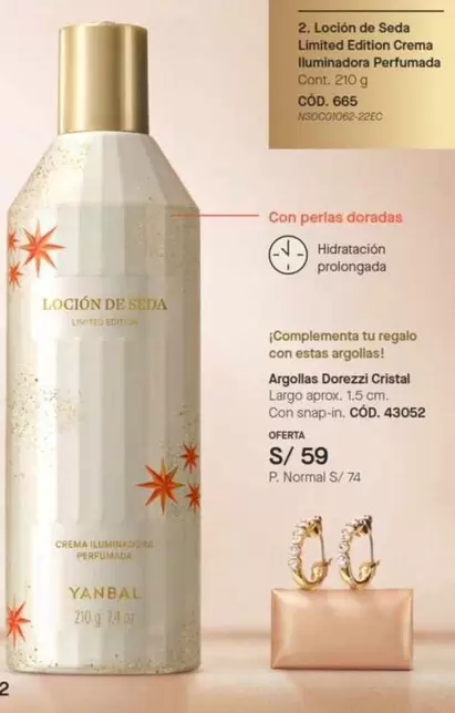 Yanbal - Loción de Seda Limited Edition Crema Buminadora Perfumada, Argollas Dorezzi Cristal
