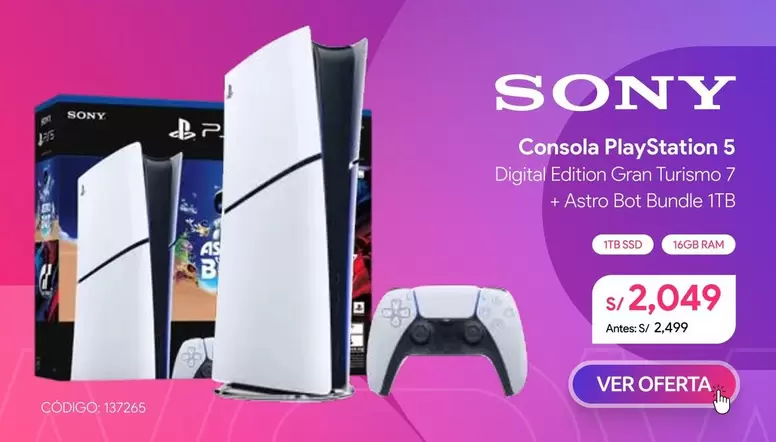 Sony - Consola PlayStation 5 Digital Edition Gran Turismo 7 Astro Bot Bundie 1TB