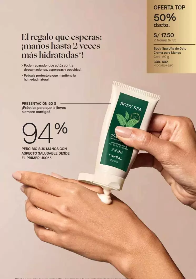 Natural - Body Spa Uña de Gato Crema para Manos