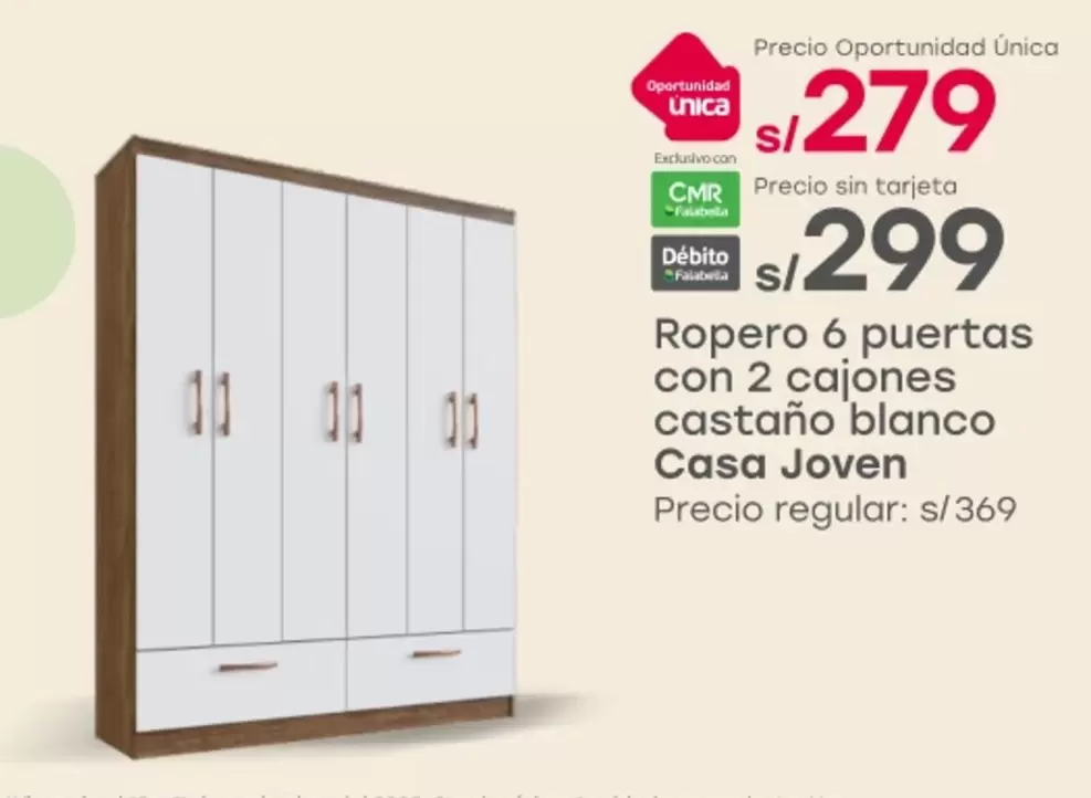 Casa Joven - Ropero 6 puertas con 2 cajones castaño blanco