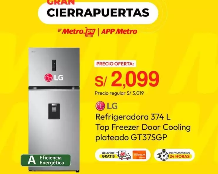 Lg - Refrigeradora 374 L Top Freezer Door Cooling plateado GT37SGP