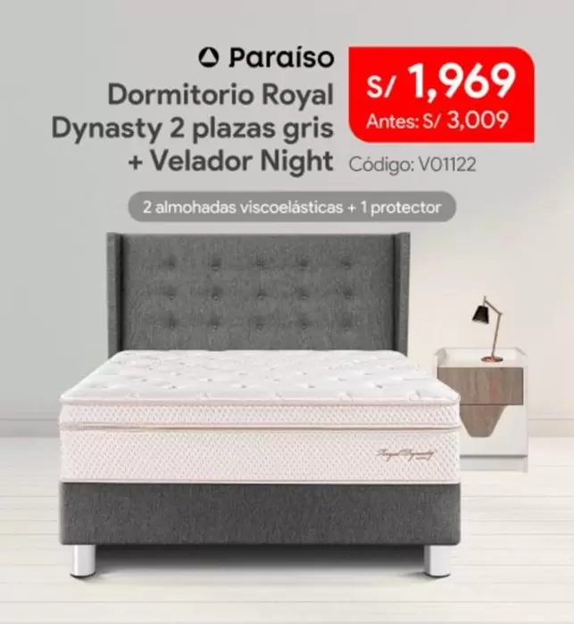 Royal - Dormitorio  Dynasty 2 plazas gris + Velador Night