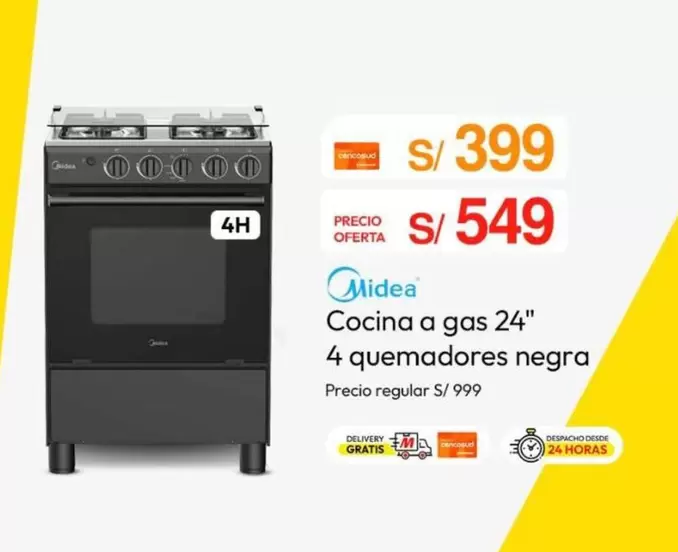 Cocina a gas 24" 4 quemadores negra
