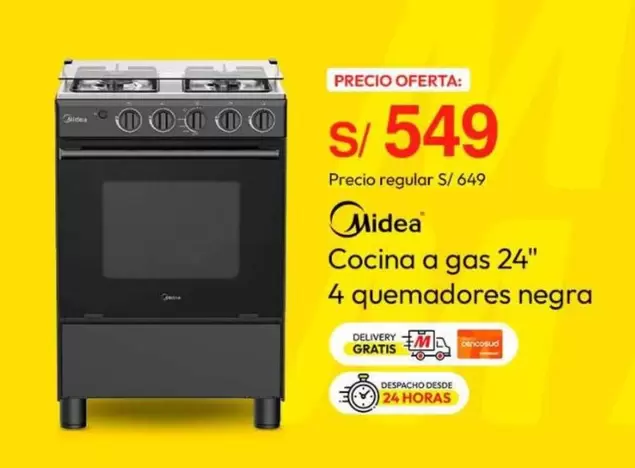 Cocina a gas 24" 4 quemadores negra