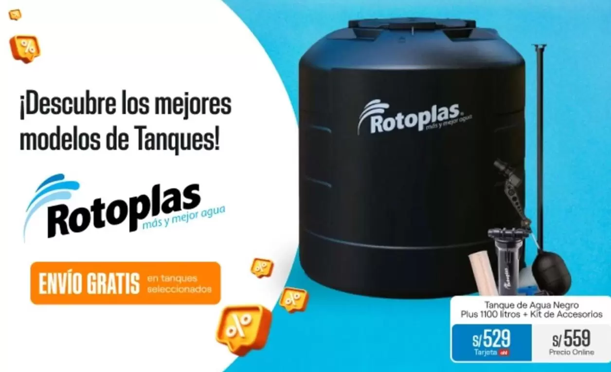 Rotoplas - Tanque de Agua Negro Plus 1100 lts + Kit de Accesorios