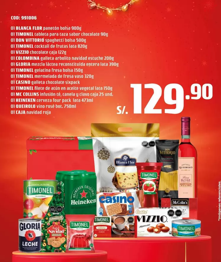 Timonel - BLANCA FIOR paneton bolsa, TIMONEL cabeza para taza saber chocolate, SON VITTORI spaghetti bolsa, TIMONEL cocktail de frutas lata, VIZZIO chocolate caja, COLOMBINA galleta arbolito navidad estuche, GLORIA mezcla láctea reconstituida, TIMONEL mer