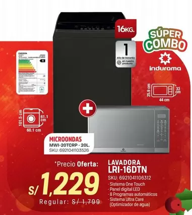 Indurama - MICROONDAS MWI-20TCRP - 20L, LAVADORA LRI-16DTN