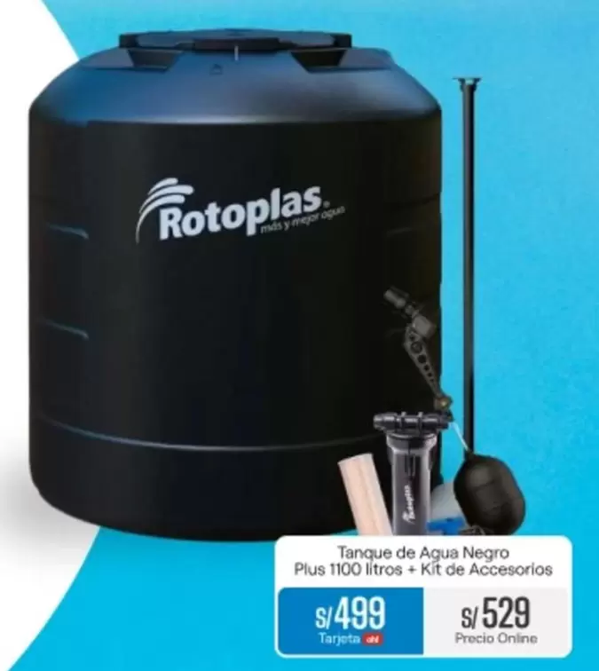 Rotoplas - Tanque de Agua Negro Plus 1100 litros Kit de Accesorios