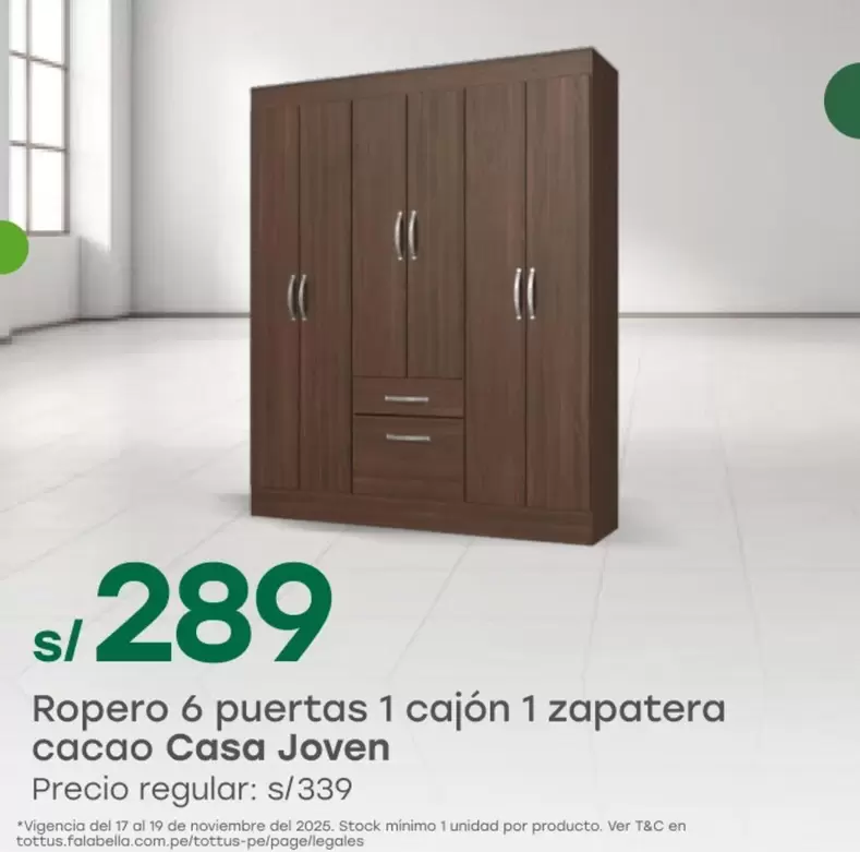 Casa Joven - Ropero 6 puertas 1 cajón 1 zapatera cacao