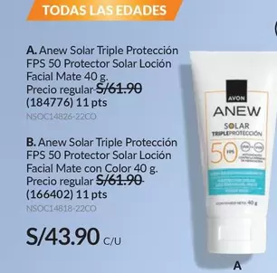 Avon - Anew Solar Triple Protección FPS 50 Protector Solar Loción Facial Mate 40 g or Anew Solar Triple Protección FPS 50 Protector Solar Loción Facial Mate con Color 40 g