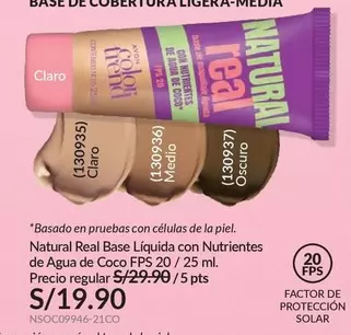 Real - Natural  Base Líquida con Nutrientes de Agua de Coco FPS 20