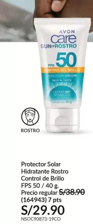 Avon - Protector Solar Hidratante Rostro Control de Brillo FPS 50 / 40 g