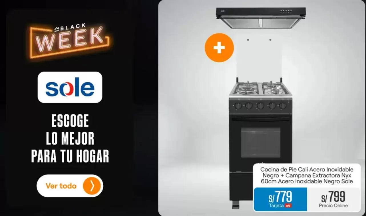 Sole - Cocina de Pie Cal Acer Inoxidable Negro + Campana Extractora Nys 60cm Acero Inoxidable Negro