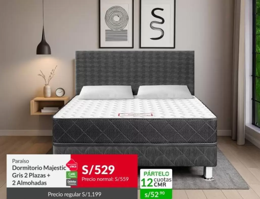 Paraiso - Dormitorio Majestic Gris 2 Plazas + 2 Almohadas