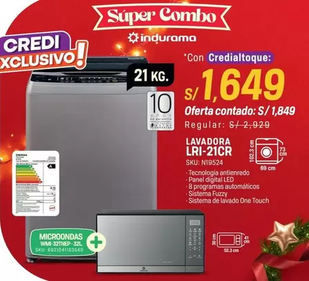 Indurama - LAVADORA LRI-21CR + MICROONDAS